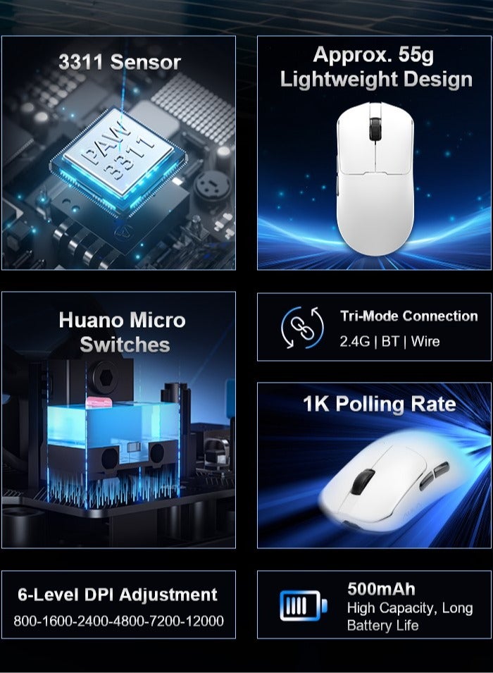 AULA ماوس الألعاب اللاسلكي SC380 Pro ثلاثي الوضع – ماوس esports خفيف الوزن 55 جرام مع مستشعر 3311، سلكي / 2.4 جيجاهرتز / بلوتوث، بطارية 500 مللي أمبير، إضاءة RGB وقاعدة شحن للكمبيوتر الشخصي واللابتوب - Image 4