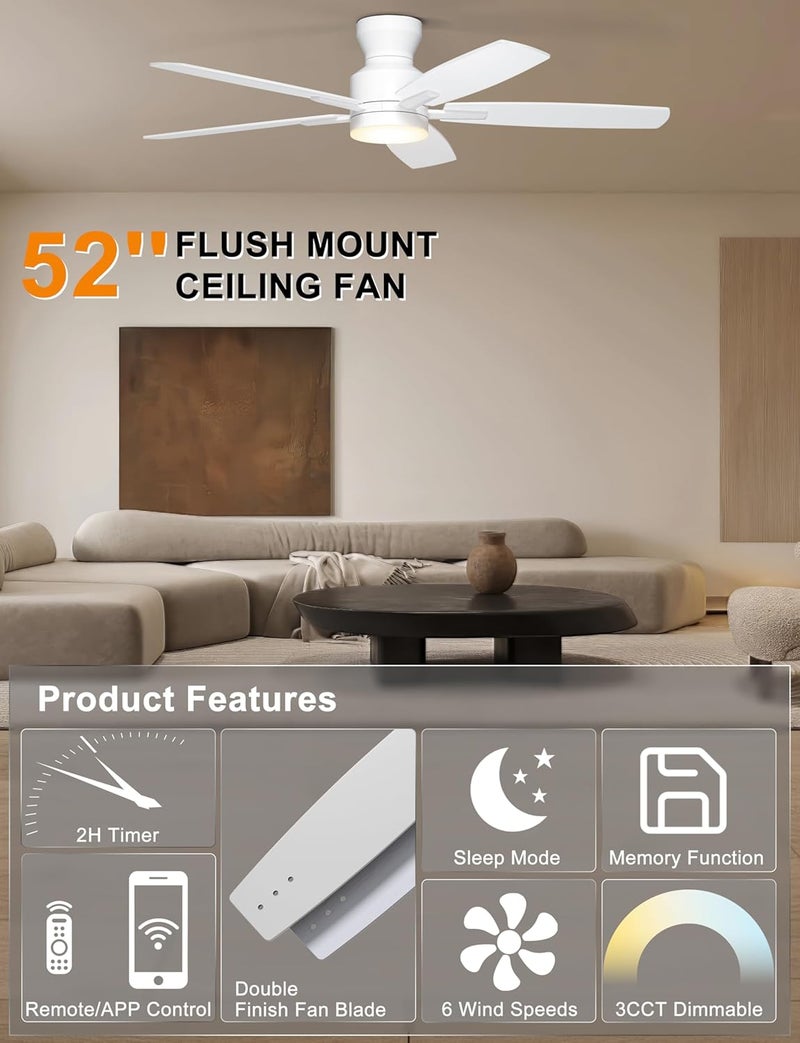 Ohniyou Ceiling Fans with Lights, 52'' Low Profile Ceiling Fan with Light and Remote/APP Control, Modern Flush Mount Ceiling Fan for Indoor Bedroom Living Room, Dimmable, Qiuet DC Motor, White - Image 2