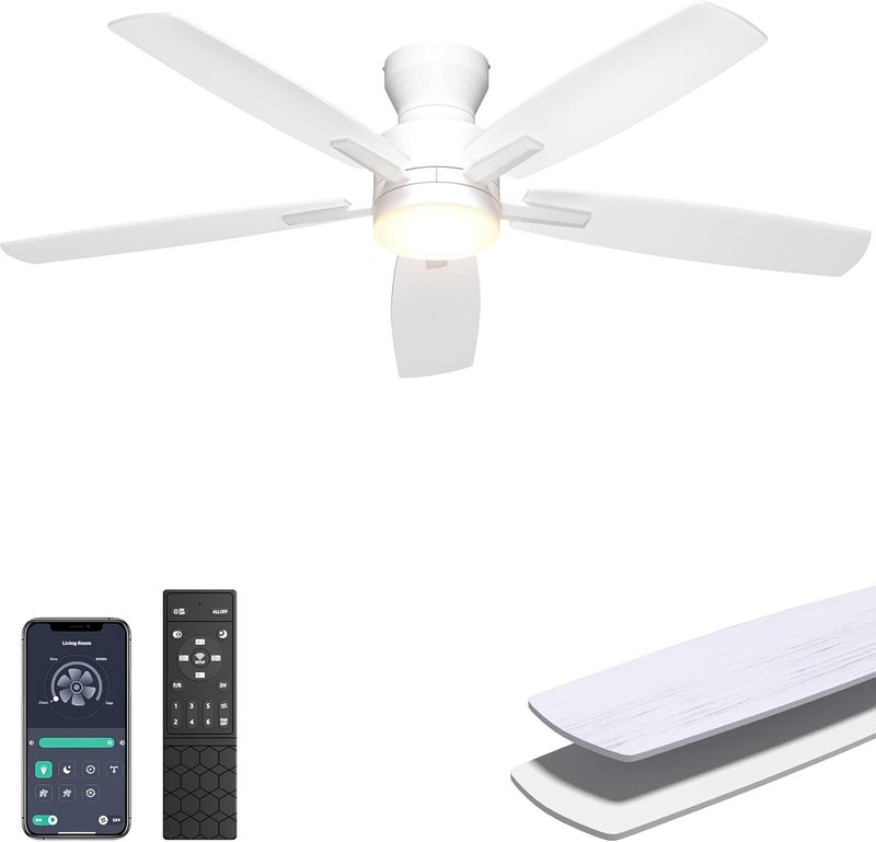 Ohniyou Ceiling Fans with Lights, 52'' Low Profile Ceiling Fan with Light and Remote/APP Control, Modern Flush Mount Ceiling Fan for Indoor Bedroom Living Room, Dimmable, Qiuet DC Motor, White - Image 1