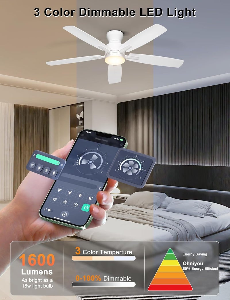 Ohniyou Ceiling Fans with Lights, 52'' Low Profile Ceiling Fan with Light and Remote/APP Control, Modern Flush Mount Ceiling Fan for Indoor Bedroom Living Room, Dimmable, Qiuet DC Motor, White - Image 3