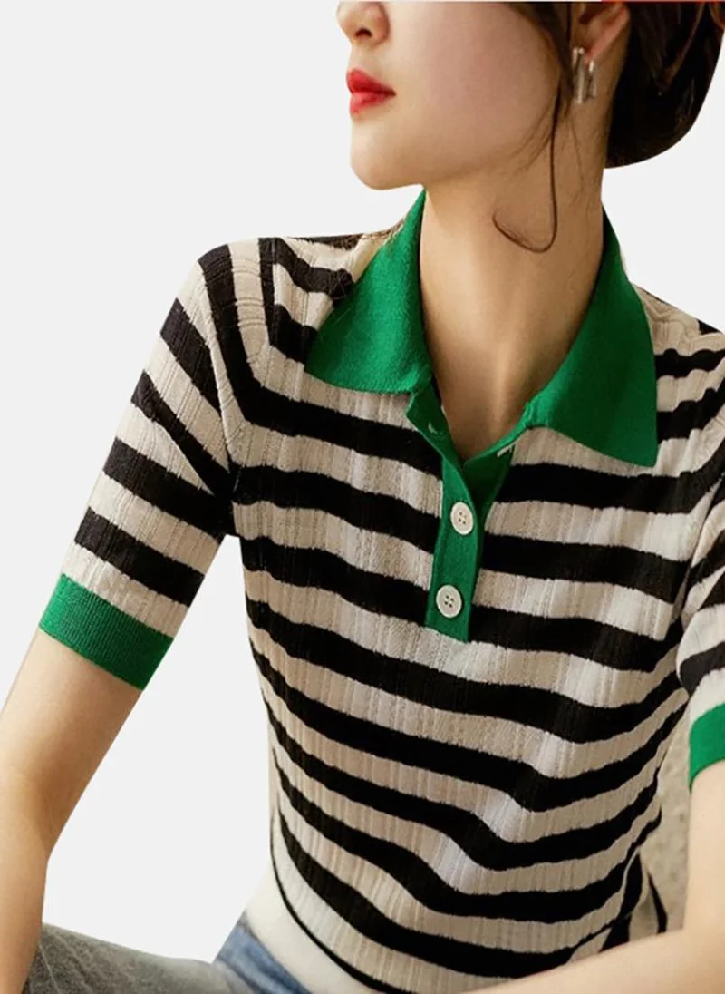يونيكي Multicolour Striped Short Sleeve Polo Collar Polo Shirt