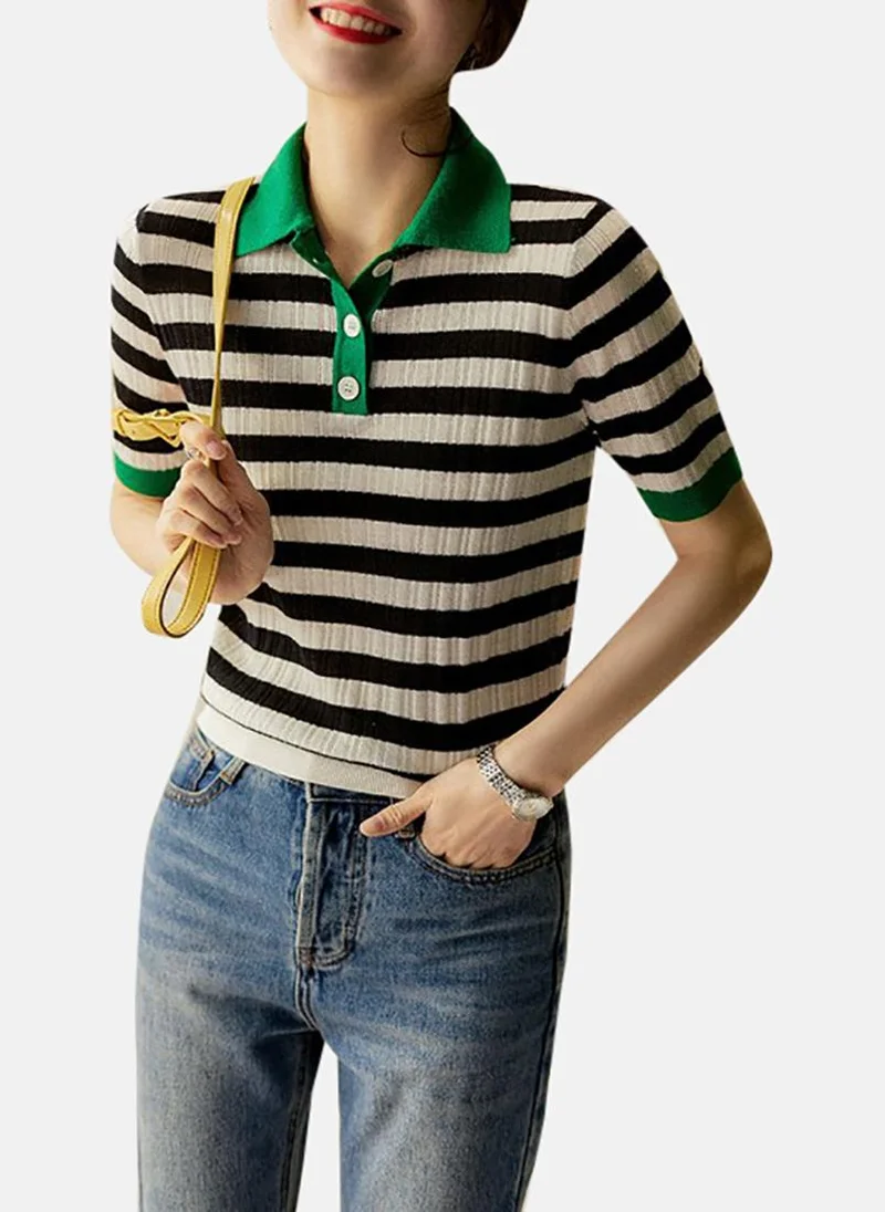 يونيكي Multicolour Striped Short Sleeve Polo Collar Polo Shirt