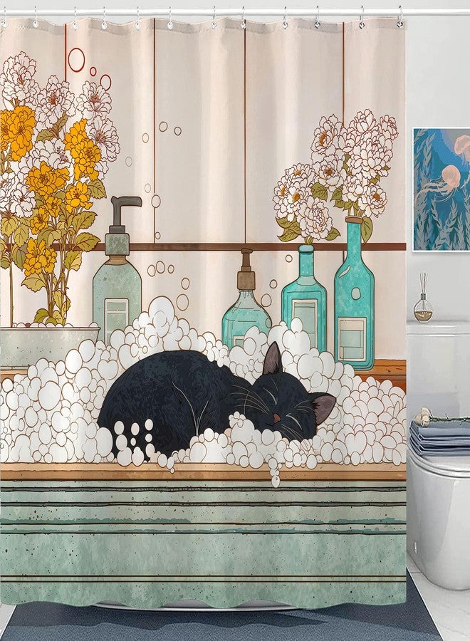 Kanuyee Peaceful Cat Shower Curtain Set Sleeping Feline Art Waterproof Bathroom Shower Curtain Serene Window Scene Print Cozy Home Decor 72x72 Inch - Image 3