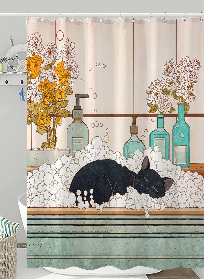 Kanuyee Peaceful Cat Shower Curtain Set Sleeping Feline Art Waterproof Bathroom Shower Curtain Serene Window Scene Print Cozy Home Decor 72x72 Inch - Image 2