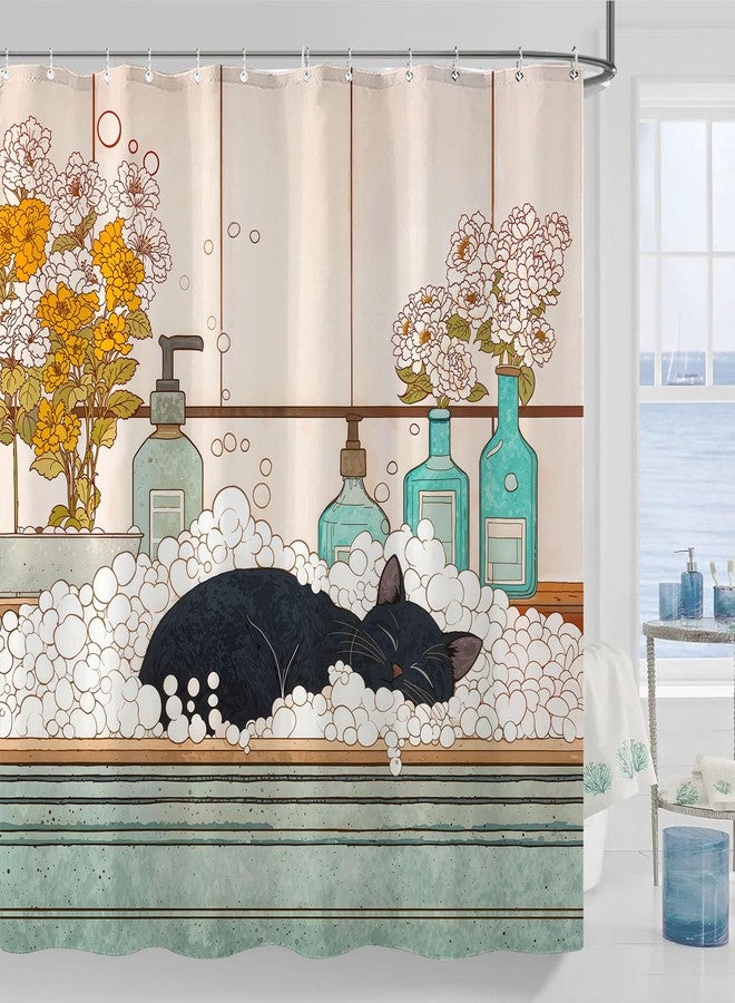 Kanuyee Peaceful Cat Shower Curtain Set Sleeping Feline Art Waterproof Bathroom Shower Curtain Serene Window Scene Print Cozy Home Decor 72x72 Inch - Image 1