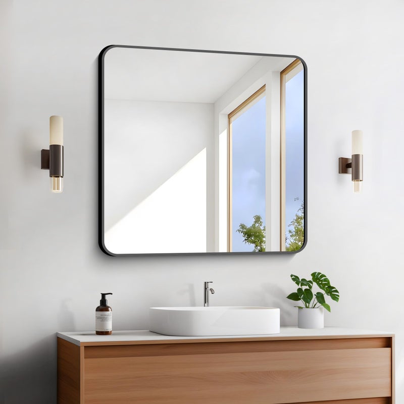 FORBATH Bathroom Mirror 30" x 30", Large Square Wall Mirror with Black Aluminum Frame Rounded Corner, Wall Mounted Mirror for Bathroom Bedroom Entryway Living Room - Image 1