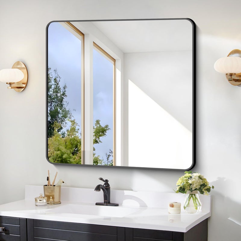 FORBATH Bathroom Mirror 30" x 30", Large Square Wall Mirror with Black Aluminum Frame Rounded Corner, Wall Mounted Mirror for Bathroom Bedroom Entryway Living Room - Image 5