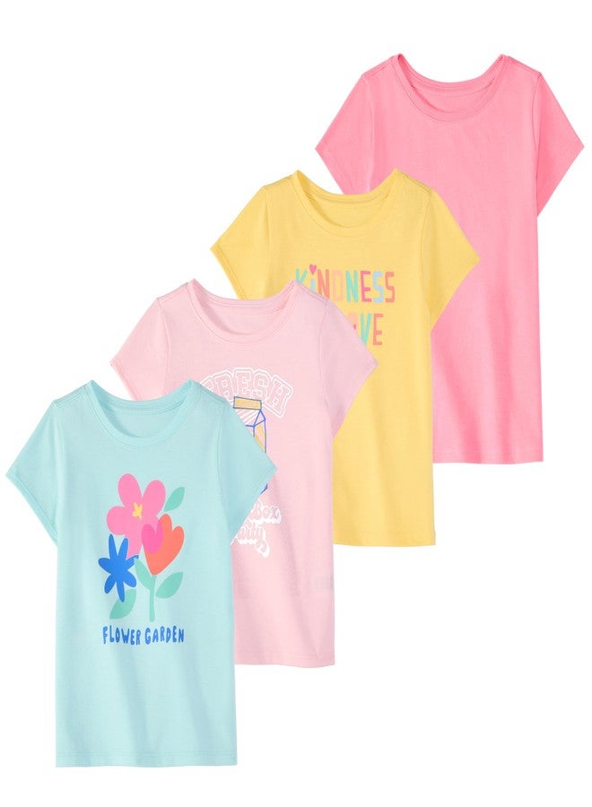 Garanimals Baby & Toddler Girl Flower Tees - Short Sleeve Tees - Kid's Casual Crew Neck - Size 6T - Yellow, Pink, Light Blue - 4 Pack - Image 1