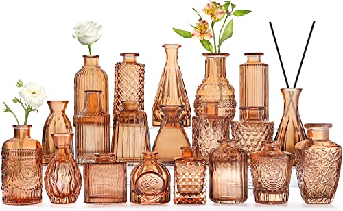 Amber Glass Bud Vases Set of 20 for Flowers Small Amber Bud Vases in Bulk for Centerpieces Decor Mini Glass Set for Home Table Decorations