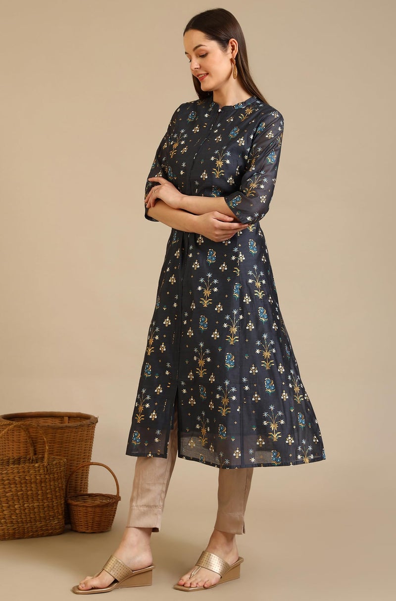 Aurelia Women's Grey Floral Printed A-line Chanderi Kurta (Size: 2XL)-A15789-502464 - Image 2
