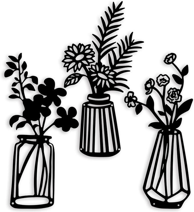 3 PIECES BLACK WOODEN FLOWERS WALL DECOR WOODEN VASE WALL ART WOODEN WALL SCULPTURES HANGING FOR INDOOR KITCHEN BATHROOM DINING ROOM 12 INCH X 6 INCH DESIGN1
