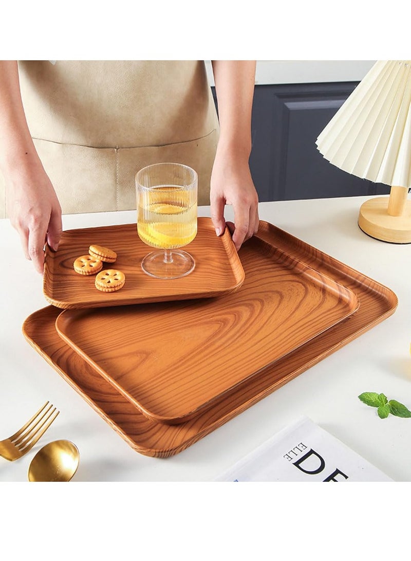 Set of 3 Plastic Rectangle Trays with Wood Grain Non-Slip Base, Ideal for Organizing Fruit, Bread, Coffee, Cosmetics, and Bathroom or Kitchen Essentials.  - Image 2