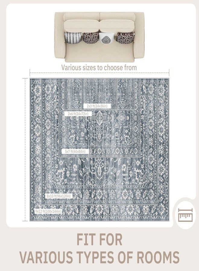 Soalmost 5x7 Area Rugs for Living Room, Washable Vintage Floral Non-Slip Low Pile Natural Rug Soft Throw Carpet for Dining Room Bedroom Home Office Nursery (Blue, 5'x7') - Image 3