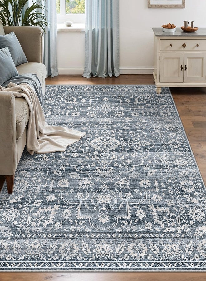 Soalmost 5x7 Area Rugs for Living Room, Washable Vintage Floral Non-Slip Low Pile Natural Rug Soft Throw Carpet for Dining Room Bedroom Home Office Nursery (Blue, 5'x7') - Image 1