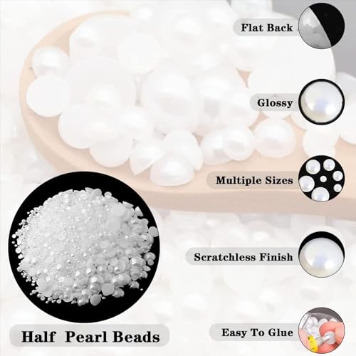 Kwizy Half Cut Pearl Beads Moti Combo for Jewelry Making 1400 Pcs Round Flat Back Pastable Acrylic Plastic Pearls Embroidery Art and Craft Kids DIY Making Purpose Loose Pearls for Bracelet Necklace Earring Sewing Scrapbooking Decoration | Size 4,6,8,10,12MM | 5 Different Size | White - Image 2