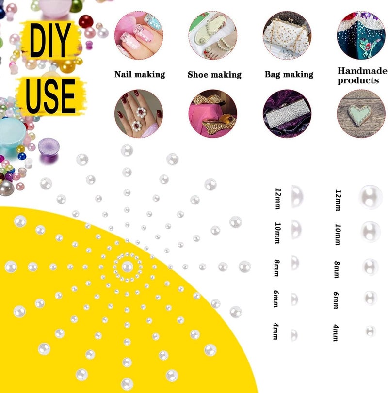 Kwizy Half Cut Pearl Beads Moti Combo for Jewelry Making 1400 Pcs Round Flat Back Pastable Acrylic Plastic Pearls Embroidery Art and Craft Kids DIY Making Purpose Loose Pearls for Bracelet Necklace Earring Sewing Scrapbooking Decoration | Size 4,6,8,10,12MM | 5 Different Size | White - Image 4