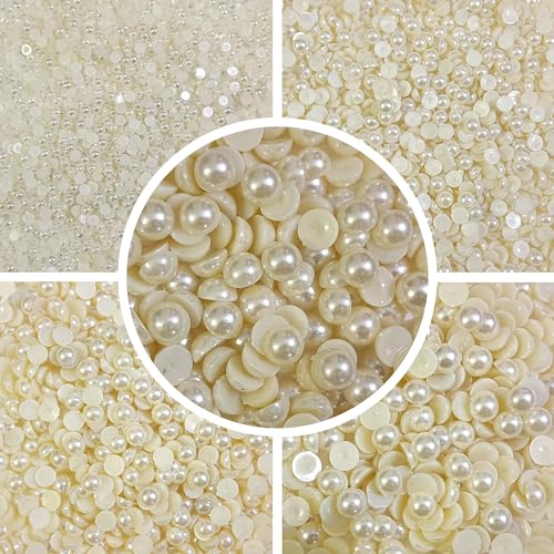Kwizy Half Cut Pearl Beads Moti Combo for Jewelry Making 1400 Pcs Round Flat Back Pastable Acrylic Plastic Pearls Embroidery Art and Craft Kids DIY Making Purpose Loose Pearls for Bracelet Necklace Earring Sewing Scrapbooking Decoration | Size 4,6,8,10,12MM | 5 Different Size | White - Image 1