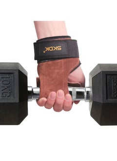 SKDK Weight Lifting Gloves for Deadlifts - Leather Palm Padded Wrist Support Gym Hand Protector with Adjustable Hook Straps (Brown)  - Image 3