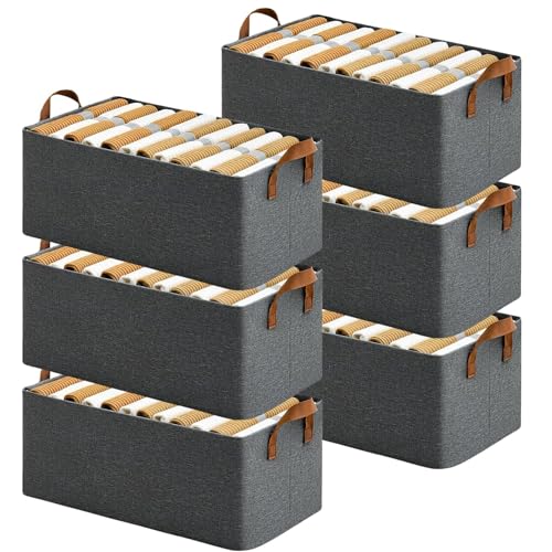 Jig-Tik Wardrobe Organizer for Clothes with Metal Frame Rectangle Storage Baskets for Clothing Fabric Storage Box with Handles Shelf Basket for Storage Clothes Pants Jeans Sweater (Grey) (Pack of 06) - Image 1