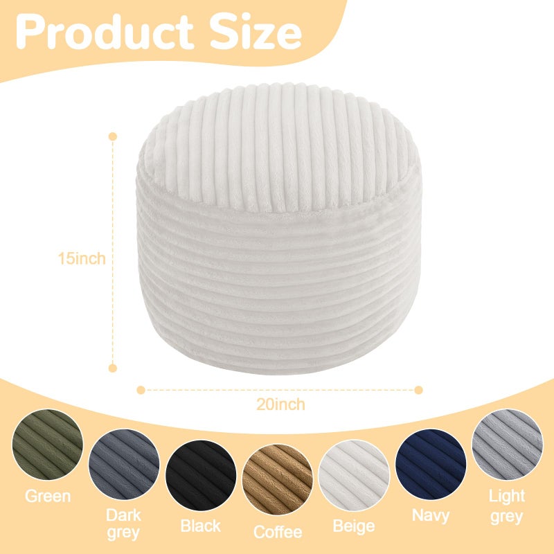 MeMoreCool Stuffed Round Pouf Ottoman Foot Rest, Soft Plush Floor Pouf Foot Stool, Corduray Footstool Footrest, Small Round Ottoman for Living Room Couch Sofa Chair, 20x15 Inch Beige - Image 3