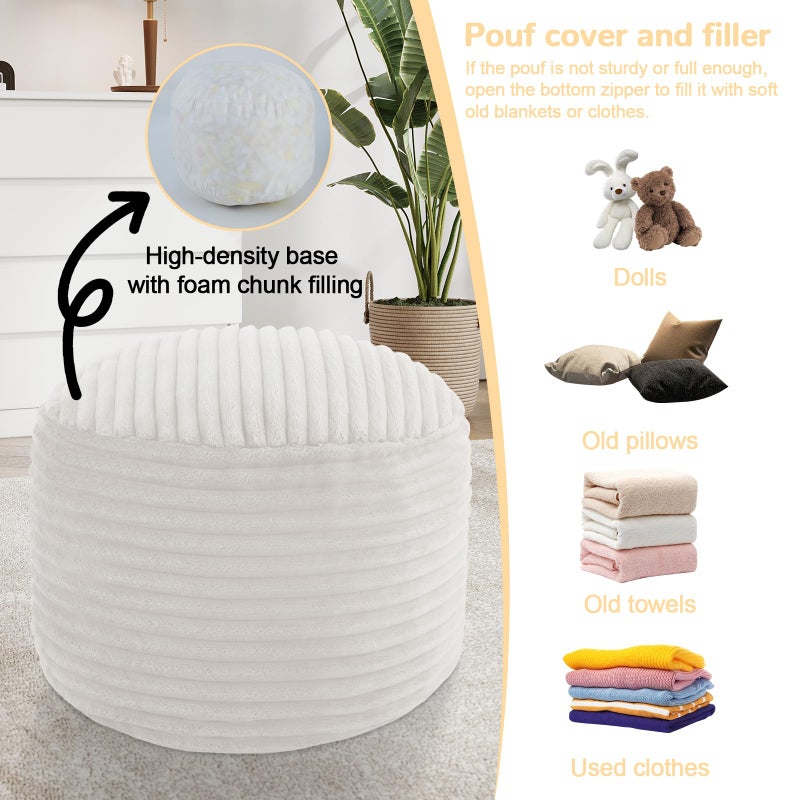 MeMoreCool Stuffed Round Pouf Ottoman Foot Rest, Soft Plush Floor Pouf Foot Stool, Corduray Footstool Footrest, Small Round Ottoman for Living Room Couch Sofa Chair, 20x15 Inch Beige - Image 4