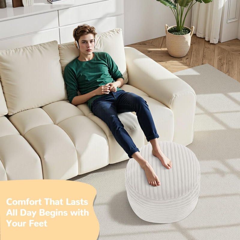 MeMoreCool Stuffed Round Pouf Ottoman Foot Rest, Soft Plush Floor Pouf Foot Stool, Corduray Footstool Footrest, Small Round Ottoman for Living Room Couch Sofa Chair, 20x15 Inch Beige - Image 5