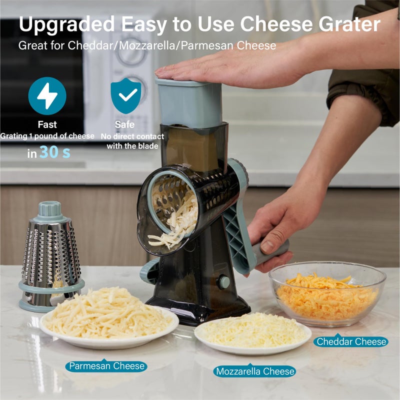 ALEXPHY Rotary Cheese Grater hand crank, 3 Blades Cheese shredder with Stronger Suction Base | Stainless Steel Blades for Fruits, Vegetables, Nuts. Easy to Clean, Transparent Black & Blue - Image 2