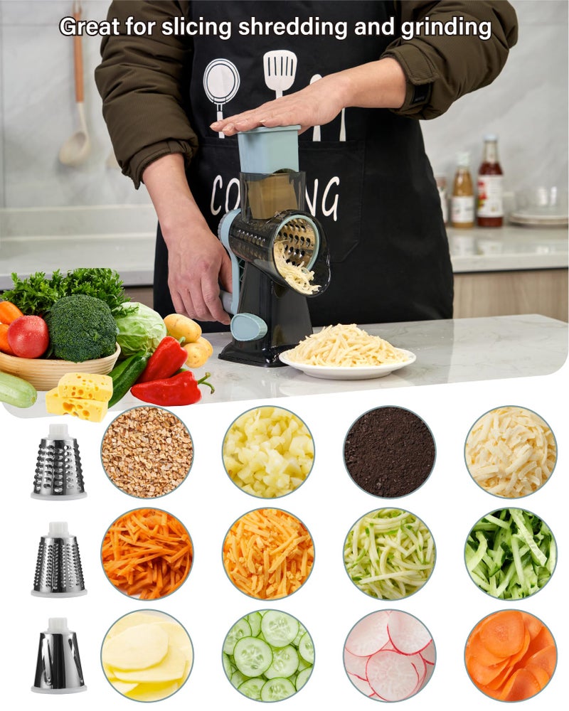 ALEXPHY Rotary Cheese Grater hand crank, 3 Blades Cheese shredder with Stronger Suction Base | Stainless Steel Blades for Fruits, Vegetables, Nuts. Easy to Clean, Transparent Black & Blue - Image 3