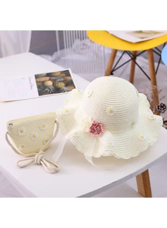 2pcs Girls Wide Brim Straw Hat with UV Protection Paired with Beach Bag, Kids Sun Visor Hat and Coordinating Shoulder Bag - Image 1