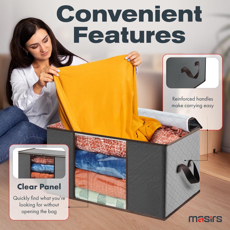 Masirs Storage Bags For Clothes - 6-Pack Collapsible Organizers for Blankets, Bedding & Clothes - Large 90L Zip Bags with Handles - Clear Durable Containers for Closet Organization (Grey) - Image 3