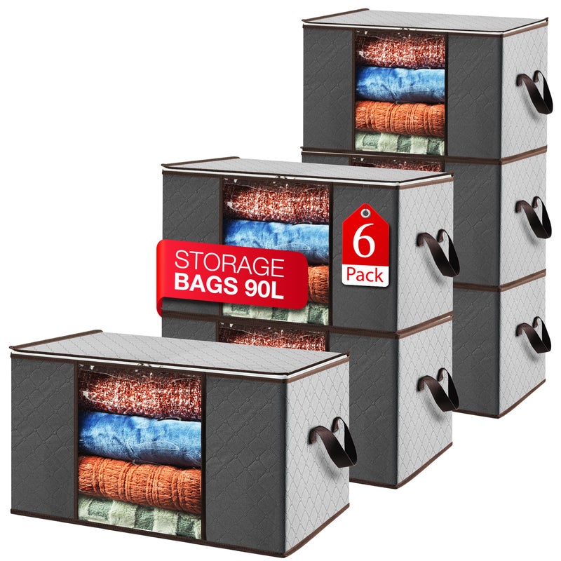 Masirs Storage Bags For Clothes - 6-Pack Collapsible Organizers for Blankets, Bedding & Clothes - Large 90L Zip Bags with Handles - Clear Durable Containers for Closet Organization (Grey) - Image 1