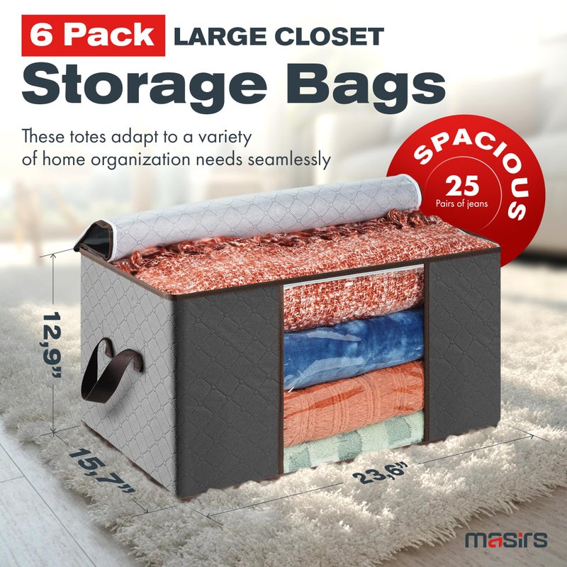 Masirs Storage Bags For Clothes - 6-Pack Collapsible Organizers for Blankets, Bedding & Clothes - Large 90L Zip Bags with Handles - Clear Durable Containers for Closet Organization (Grey) - Image 2