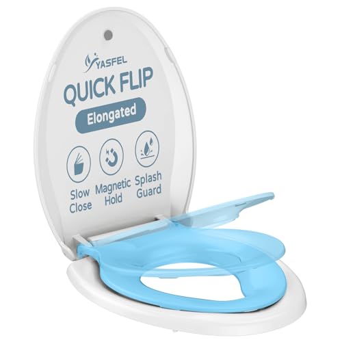 YASFEL Toddler Toilet Seat, Potty Training Toilet Seat for Toddlers, Kids & Adults Plastic Toilet Seats Elongated Slow Close with Magnets(Blue White, 18.5”) - Image 1