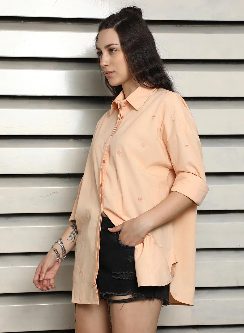 HIGH STAR Women's Apricot 100% Cotton Embroidered Button Down Oversized Shirt