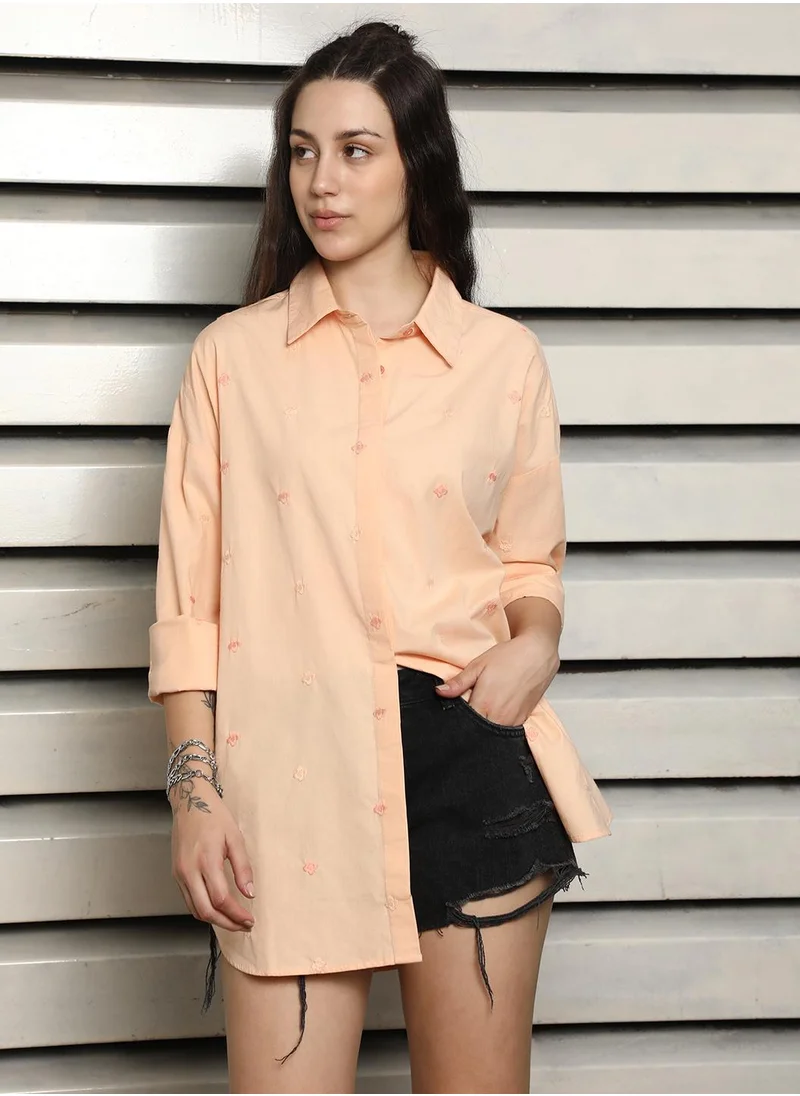 هاي ستار Oversized Apricot Embroidered Shirt for Women, Spread Collar