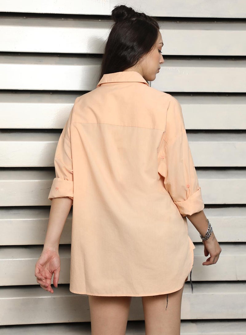 HIGH STAR Oversized Apricot Embroidered Shirt for Women, Spread Collar  - Image 3