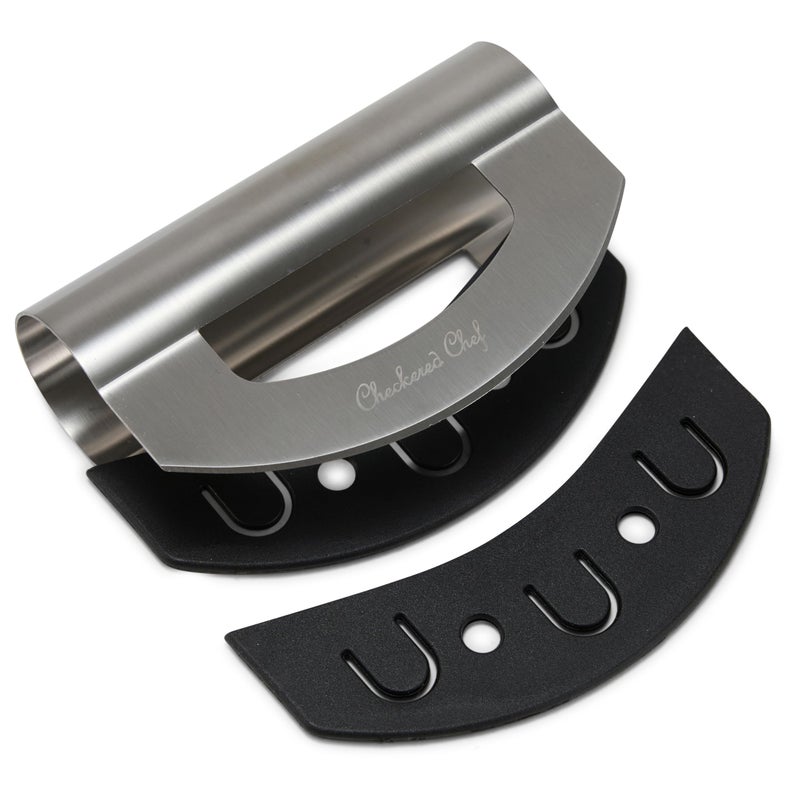 Checkered Chef Salad Chopper Tool, Mezzaluna Knife Stainless Steel Vegetable Rocker - Image 1