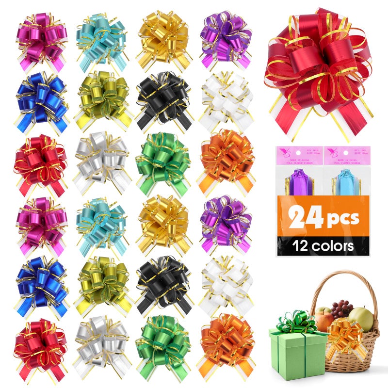 FUMILE 24 Pcs Pull Bows for Gift Baskets, 12 Colors 6 Inches Large Gift Bows for Presents, Phnom Penh Gift Wrap Bows for Presents & Crafts, Pull Ribbon Gift Bows for Party, Christmas, Thanksgiving. - Image 1