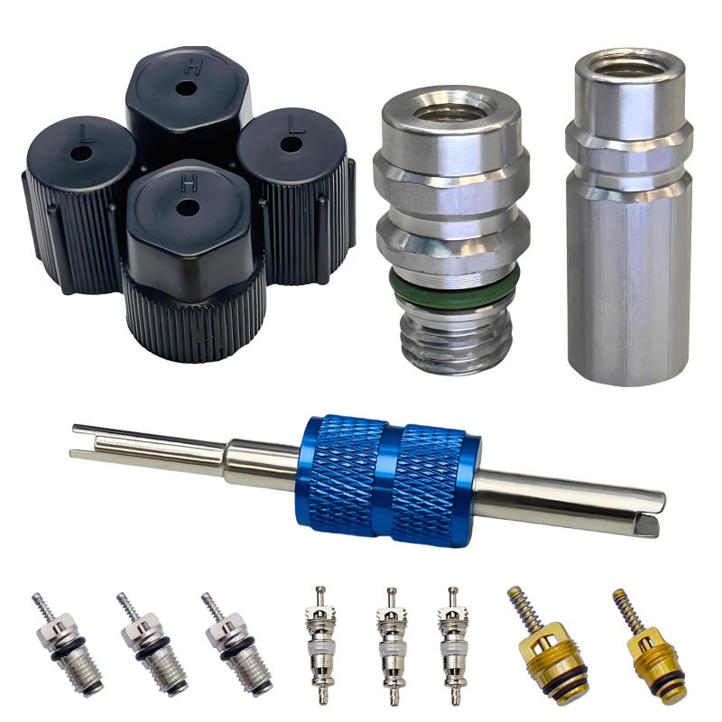Air Conditioning Valve Core Kit AC R12 R134a Teflon Seal Refrigeration Air Conditioning High and Low Side Port Service Valve Car HVAC AC System Charging Port Seal Caps Kit