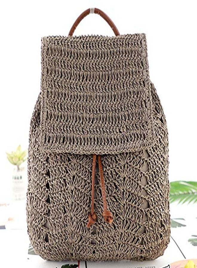 Monique Women Medium Straw Handmade Woven Backpack Flap Drawstring Shoulders Bag Beach Daypack - Image 3