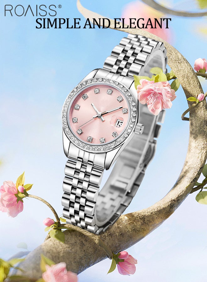 roaiss Women's Casual Business Quartz Watch, Analog Display Round Dial with Calendar Window, Luxury Fashion Luminous Waterproof Wristwatch Inlaid with Zircon, as Gift for Ladies - Image 2