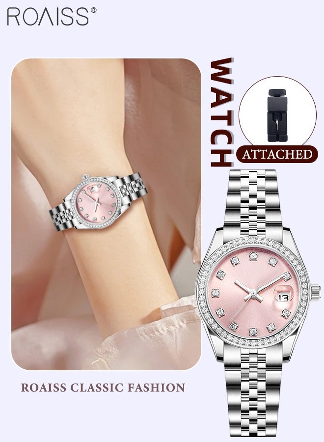 roaiss Women's Casual Business Quartz Watch, Analog Display Round Dial with Calendar Window, Luxury Fashion Luminous Waterproof Wristwatch Inlaid with Zircon, as Gift for Ladies - Image 1