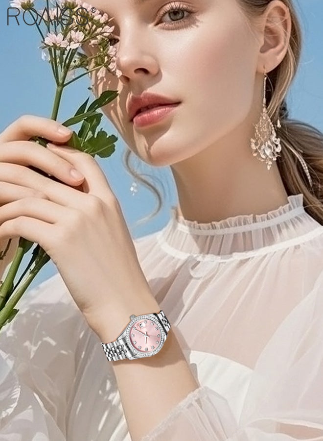 roaiss Women's Casual Business Quartz Watch, Analog Display Round Dial with Calendar Window, Luxury Fashion Luminous Waterproof Wristwatch Inlaid with Zircon, as Gift for Ladies - Image 3