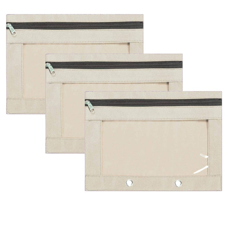 Lify 2 Rings Binder Pencil Pouch, Zipper Pencil Pouches,Canvas Fabric Pencil Pouches, Zippered Pencil Cases with Clear Window for Office School Supplies, 3 Pack (Off-White 3Pcs) - Image 1