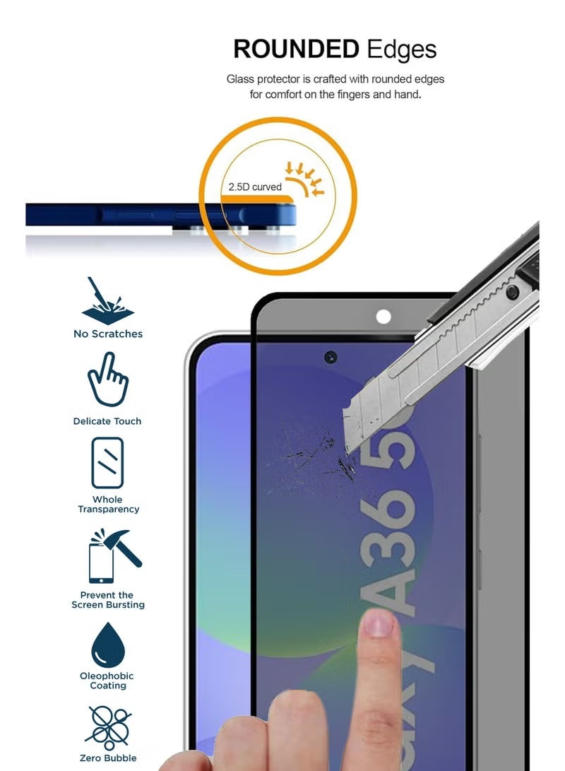 يويو تيك واقي شاشة لهاتف Samsung Galaxy A36 5G (إصدار 2025) مصنوع من الزجاج المقسى (Tempered Glass) بصلابة 9H، يتميز بخصائص حماية الخصوصية (مضاد للتجسس) ووضوح عالٍ (HD) ومقاومة للخدش. - Image 3