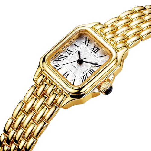 BESTKANG Women's Watch, Vintage Square Classic Luxury Watch with Roman Numerals Quartz Movement Gold/Silver/Two-Tone Stainless Steel Band Elegant Dress Wrist Watches for Women (Gold White) - Image 2