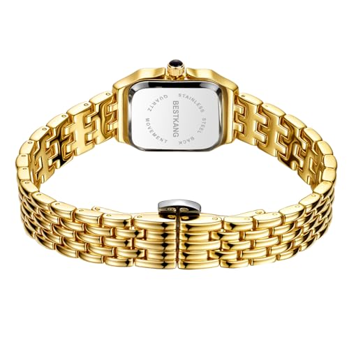 BESTKANG Women's Watch, Vintage Square Classic Luxury Watch with Roman Numerals Quartz Movement Gold/Silver/Two-Tone Stainless Steel Band Elegant Dress Wrist Watches for Women (Gold White) - Image 3