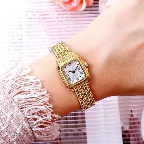 BESTKANG Women's Watch, Vintage Square Classic Luxury Watch with Roman Numerals Quartz Movement Gold/Silver/Two-Tone Stainless Steel Band Elegant Dress Wrist Watches for Women (Gold White) - Image 5