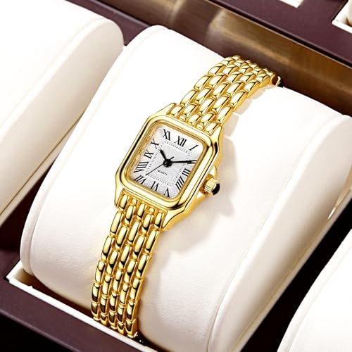 BESTKANG Women's Watch, Vintage Square Classic Luxury Watch with Roman Numerals Quartz Movement Gold/Silver/Two-Tone Stainless Steel Band Elegant Dress Wrist Watches for Women (Gold White) - Image 4