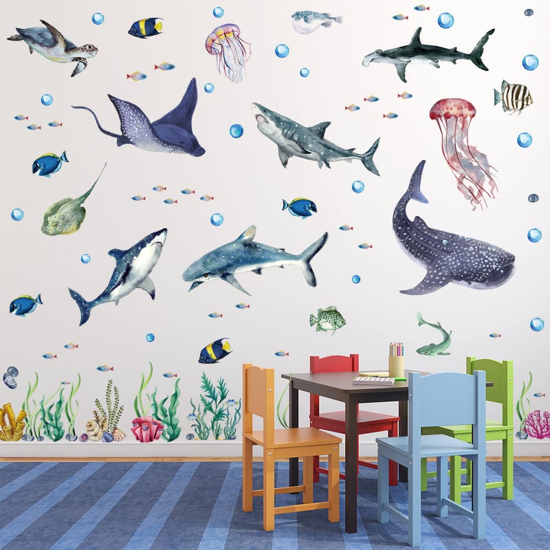 Marspark 3 Pieces Large Watercolor Sharks Wall Decals Ocean Animal Peel and Stick Wall Sticker Under The Sea Marine Life Theme Decals Nursery Room Home Decor Boy Girl Kid Party Supply 112 x 346 Inches